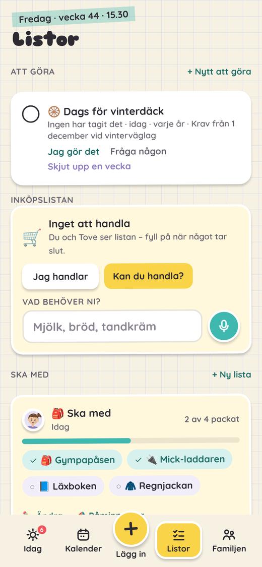 Listor i Yelte: att göra, inköpslistan och packlistor som barnen bockar av